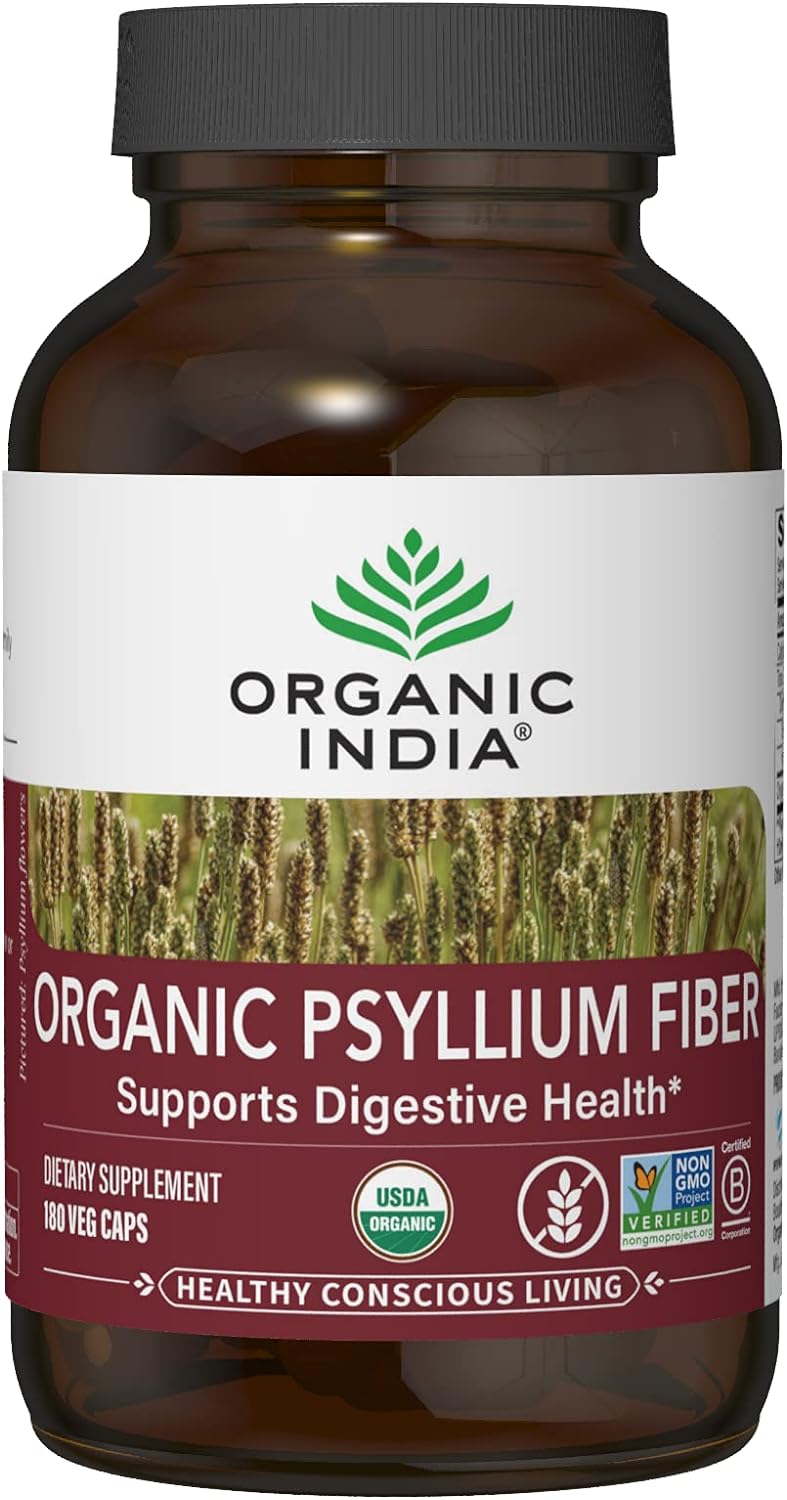 Organic India Psyllium Herbal Powder - Whole Husk Fiber, Healthy Elimination, Keto Friendly, Vegan, Gluten-Free, USDA Certified Organic, Non-GMO, Soluble & Insoluble Fiber Source - 180 Capsules