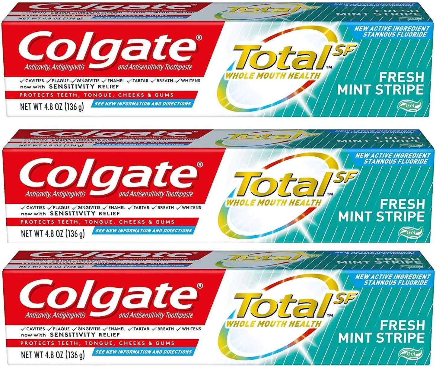 Colgate Total Toothpaste, Fresh Mint Stripe Gel, 4.8 oz (Pack of 3)