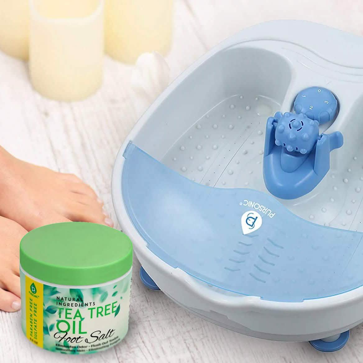 Pursonic Foot Spa Massager with Vibrating Bubbles & Tea Tree Oil Foot Salt Scrub with Epsom Salt