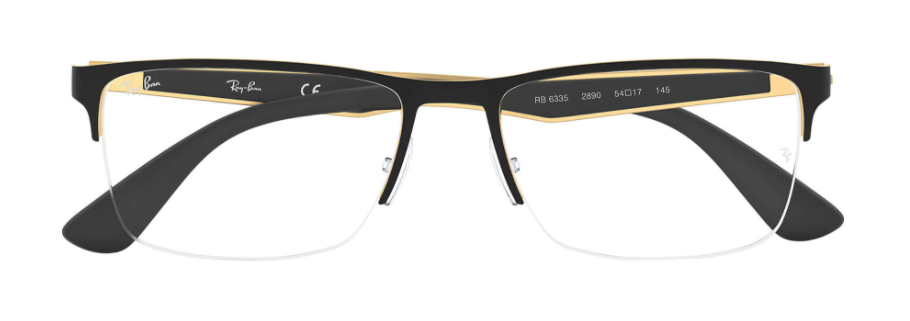ray ban 6335 optical prescription eyewear glasses semi rimless half rim men traditional classic rectangular shape modern trendy bold black gold