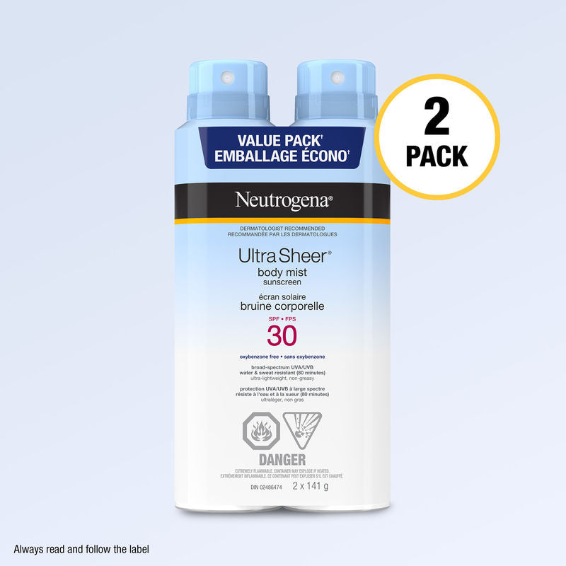 Neutrogena Ultra Sheer Body Mist Sunscreen Spray SPF 30, Duo Pack, 2 x 141g