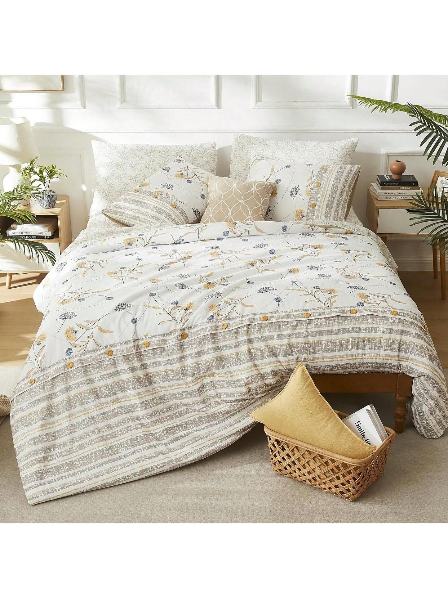 Homehours Queen Comforter Set, 8 Pieces Floral Comforter Set with Sheets for Queen Size Bed, Yellow Flower & Stripe Bedding Set with Dr Pillow, Soft Breathable Microfiber for All