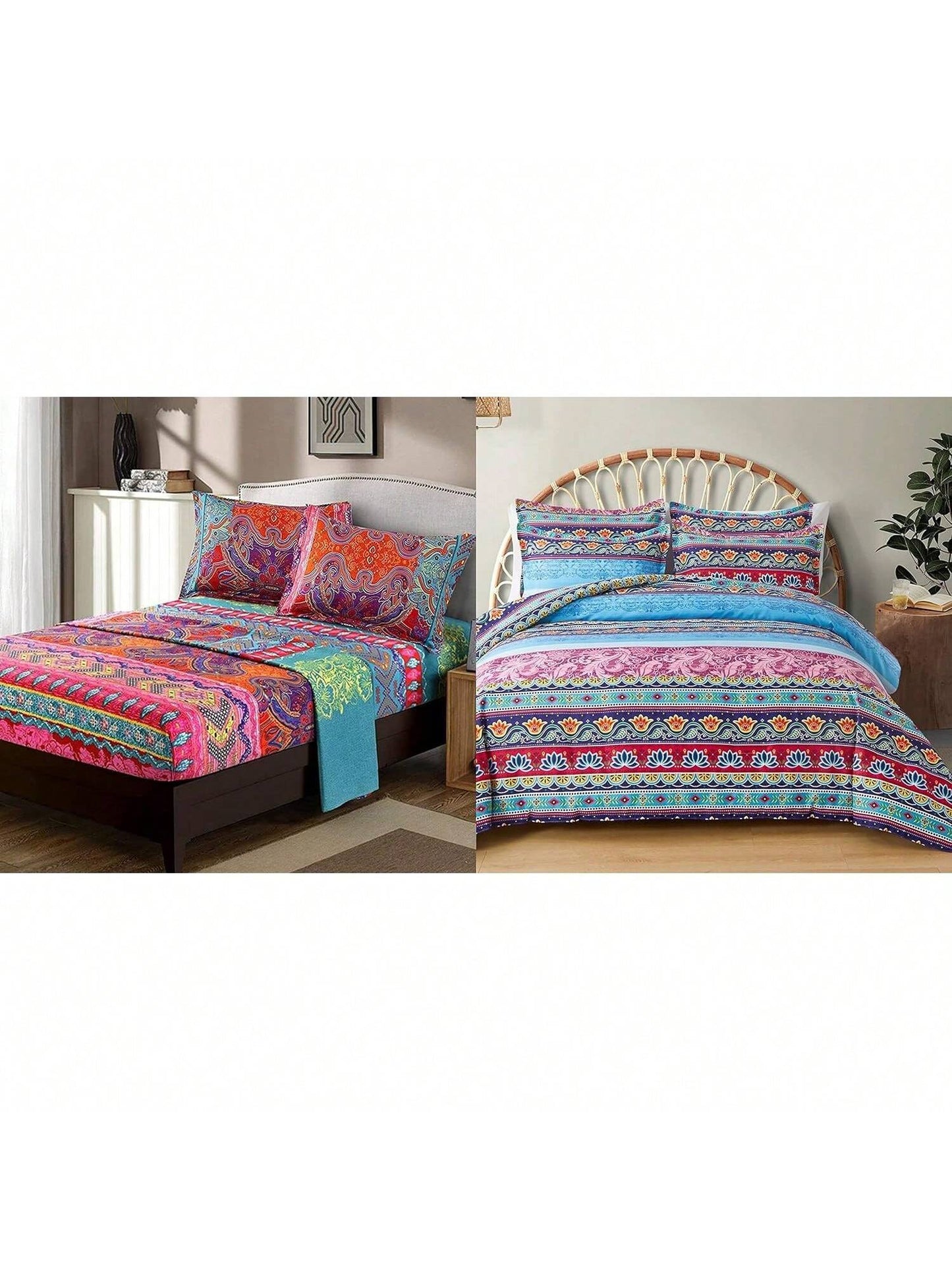 Homehours Boho Comforter and Sheets Set King Size, Bohemian Colrful Reversible Bedding Set Soft Microfiber Bed Comforter Sheets 7 Pieces for All Season