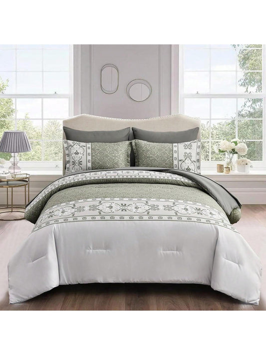 Homehours King Comforter Set Greyish Green Boho Bed in a Bag 7 Piece, Bohemian Floral Patchwork Bedding with Comforter and Sheet Set, Soft Microfiber Bedding for All Season 104''x90''