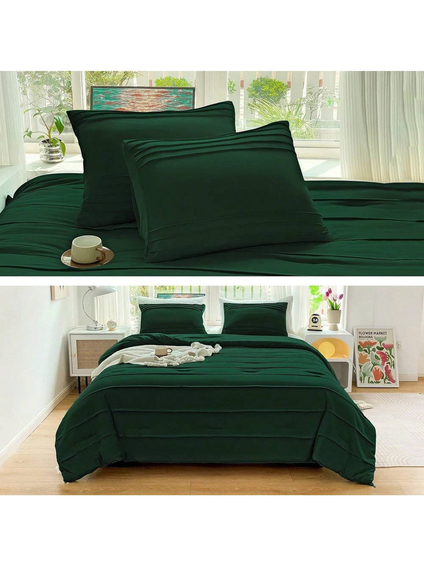 Homehours Size Dark Green Pleated Comforter Set with Extra 2 Peices Pillowcases 20''x26''