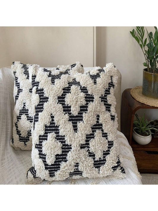 Set of 2 Boho Throw Pillow Covers for Couch, 18 x 18 & 20 x20 Inch Cotton Hand-Woven Tufted Decorative Pillows Covers Bedroom Living Room, Farmhouse (18x18)