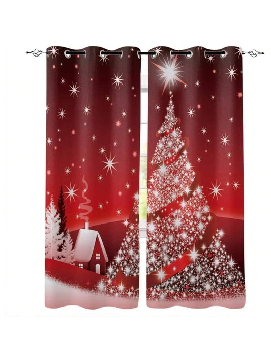 Homehours Window Curtains for Living Room Bedroom-Christmas Tree Xmas Dration Background,Chic Grommet Kitchen Semi Sheer Draperies for Sliding Glass Door Set of 2 Panels 104" W by 63" L