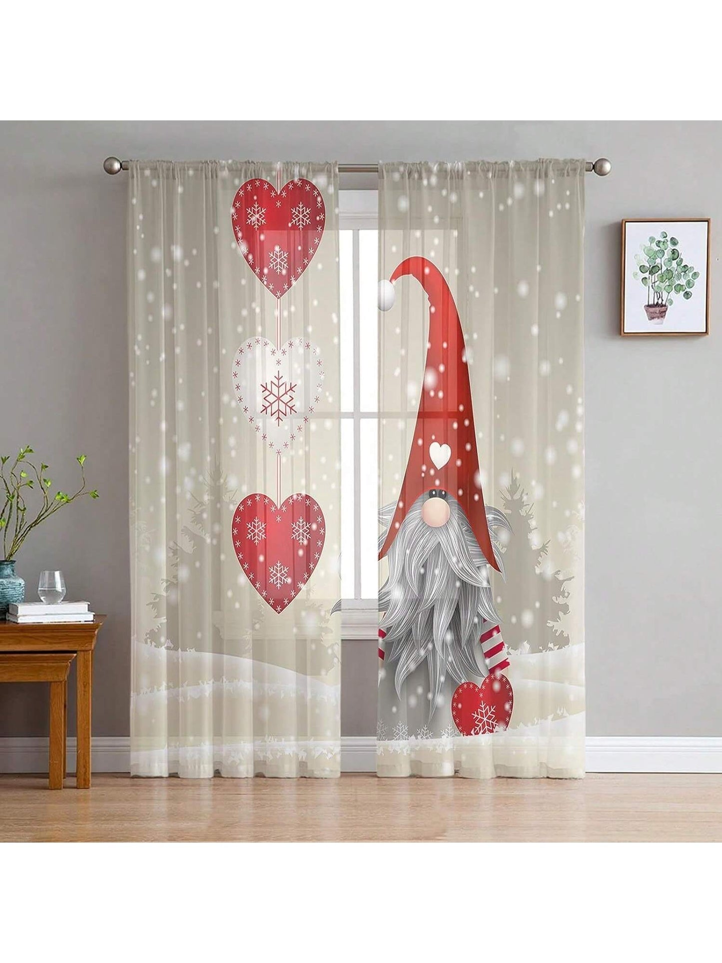 Homehours Christmas Gnome Semi Sheer Curtains for Living Room Dr, Love Snowflake Winter Red Window Rod Pocket Curtain Bedroom Dinning Room, 52 x 63 inch, 2 Panels