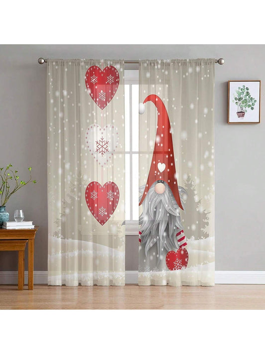 Homehours Christmas Gnome Semi Sheer Curtains for Living Room Dr, Love Snowflake Winter Red Window Rod Pocket Curtain Bedroom Dinning Room, 52 x 63 inch, 2 Panels