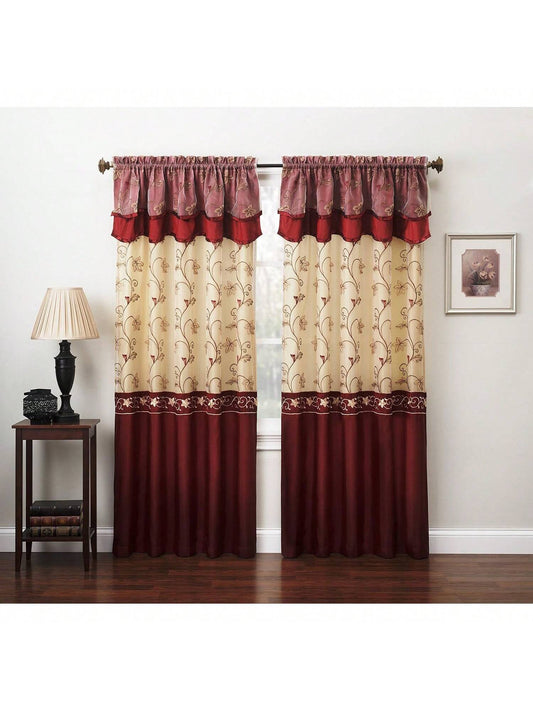 Fancy Collection Embroidery Curtain Set 2 Panel Drapes with Backing & Valance 110"x 84", Burgundy
