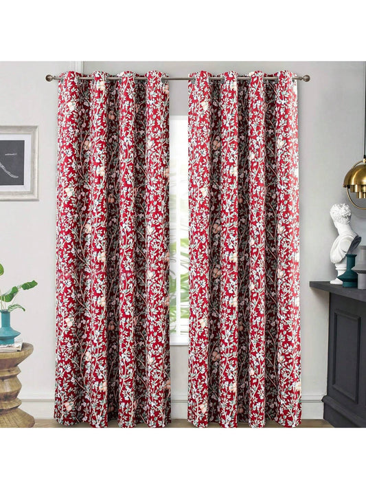 Homehours Isa Flowers Leaves Botanical Classic Pattern Lined Thermal Insulated Blackout and Room Darkening Grommet Window Curtains Set of 2 Panels 52 Inch by 84 Inch Red