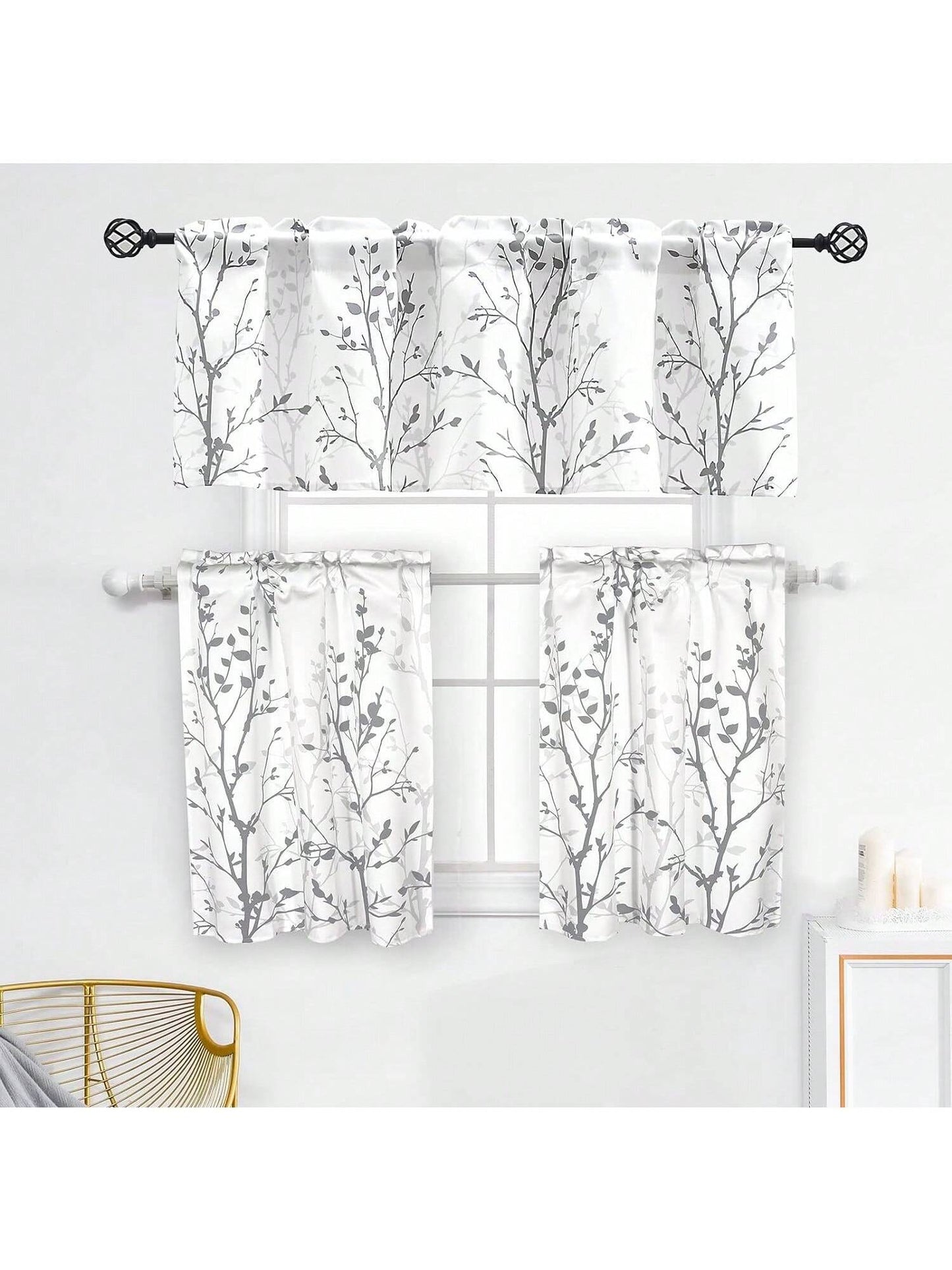Homehours Grey Tree Branch Kitchen Curtain Valance and Tiers Set, Rod Pocket Valance and Tiers for Small Windows, 2 Items Bundle