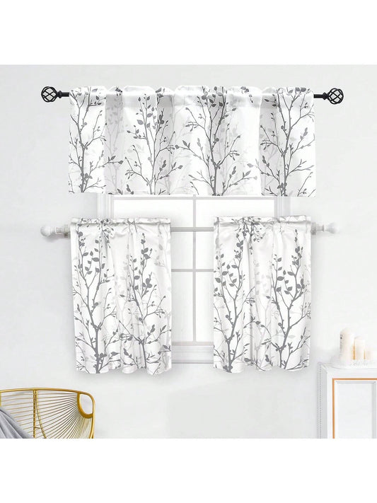 Homehours Grey Tree Branch Kitchen Curtain Valance and Tiers Set, Rod Pocket Valance and Tiers for Small Windows, 2 Items Bundle