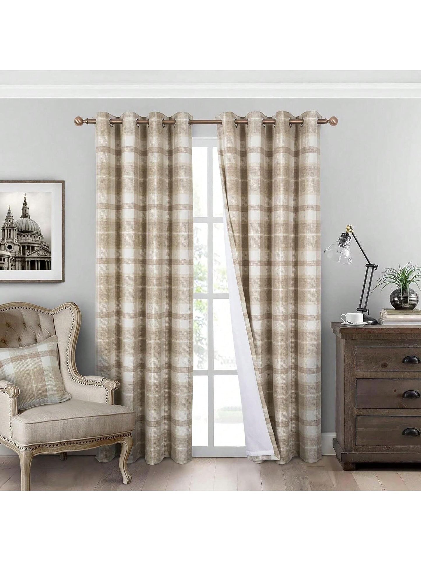 Homehours Plaid Curtains for Bedroom Living Room 100% Blackout Thermal Energy Saving Grommet Curtains 84 Inch Length 2 Panels Beige