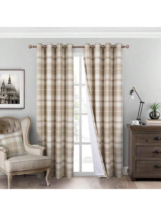 Homehours Plaid Curtains for Bedroom Living Room 100% Blackout Thermal Energy Saving Grommet Curtains 84 Inch Length 2 Panels Beige