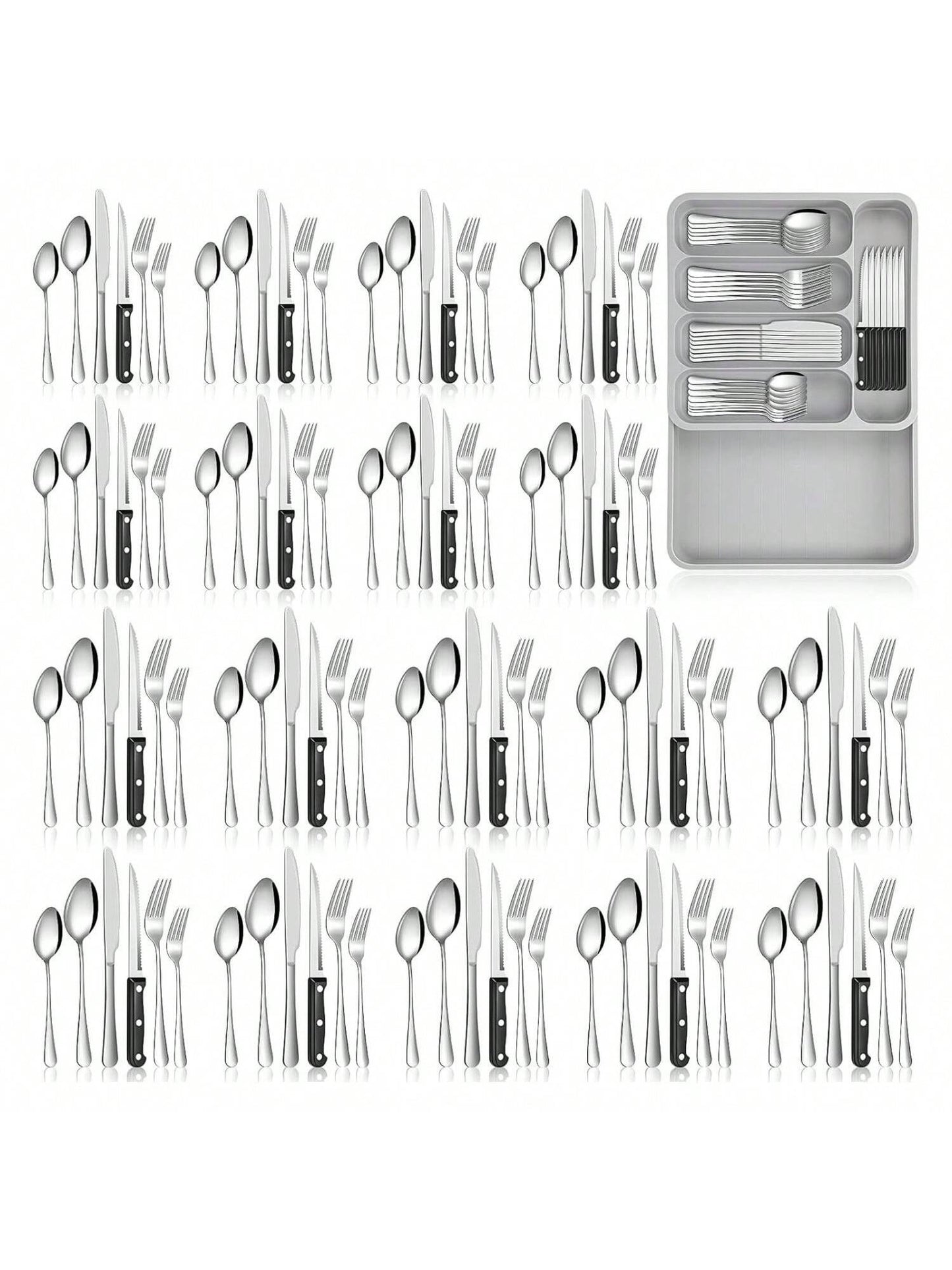 Homehours 108 Pcs Silverware Set with Organizer Stainless Steel Flatware Sets for 18 Steak Knives Fork Knife Spoon Utensil Sets with 5 Compartment Drawer Cutlery Organizer for Kitchen Restaurant