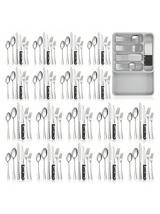 Homehours 108 Pcs Silverware Set with Organizer Stainless Steel Flatware Sets for 18 Steak Knives Fork Knife Spoon Utensil Sets with 5 Compartment Drawer Cutlery Organizer for Kitchen Restaurant