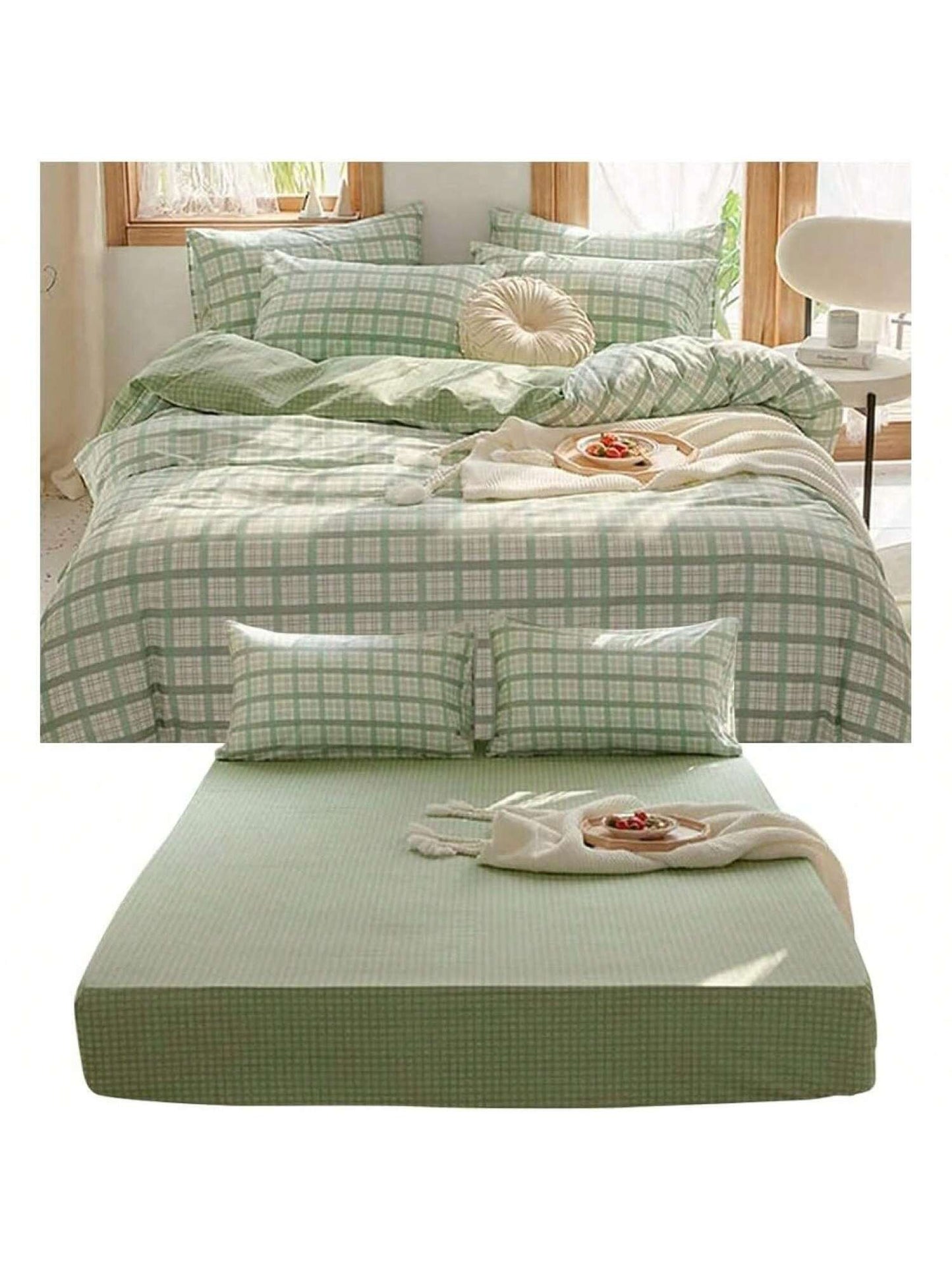 Homehours 4 PCS Reversible Green Plaid Duvet Cover Set 1 Queen Duvet Cover + 2 Standard Pillowcases + 1 Queen Fitted Sheet