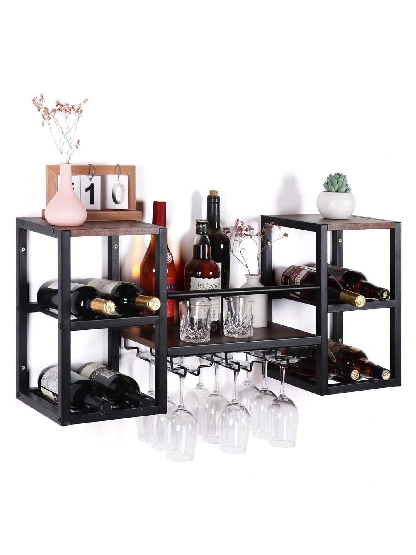 Homehours Hanging Wine Rack Wall Mounted, Floating Liquor Bottle Shelf with 3 Team Glass Holder Wine Shelf Bar Shelves Stemware Rack for Wall Wine Storage Display Rack for Home Bar Dining Room Kitchen