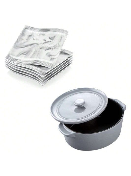 Homehours 10 inch Square Dinner Plates Set of 6 bundle with Homehours 2.7 Quart Casserole Dish with Lid, Porcelain Serving Plate, Ceramic Baking Dish With Lid, Microwave, Oven and Dishwasher Safe