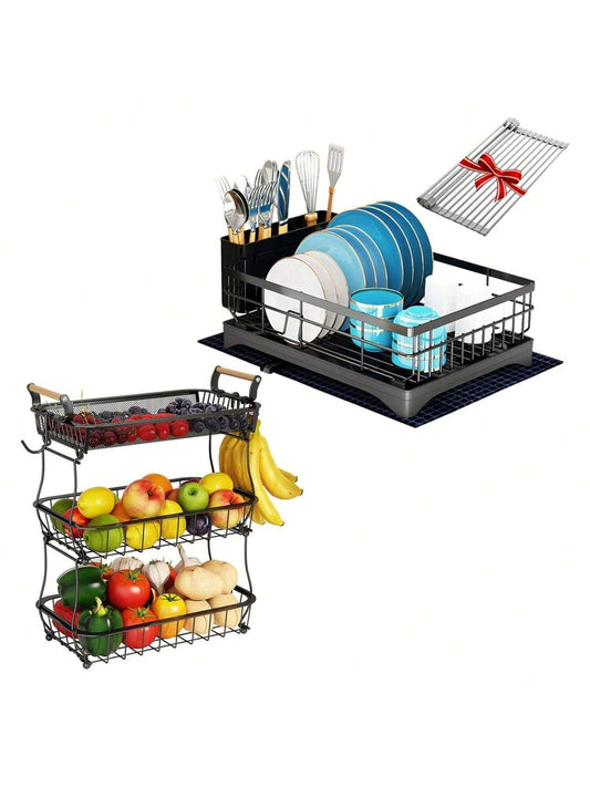 Homehours 3 Tier Fruit Basket with 2 Banana Hangers and Dish Drying Rack Large Dish Rack, Rustproof Stainless Steel Dish Racks for Kitchen Counter