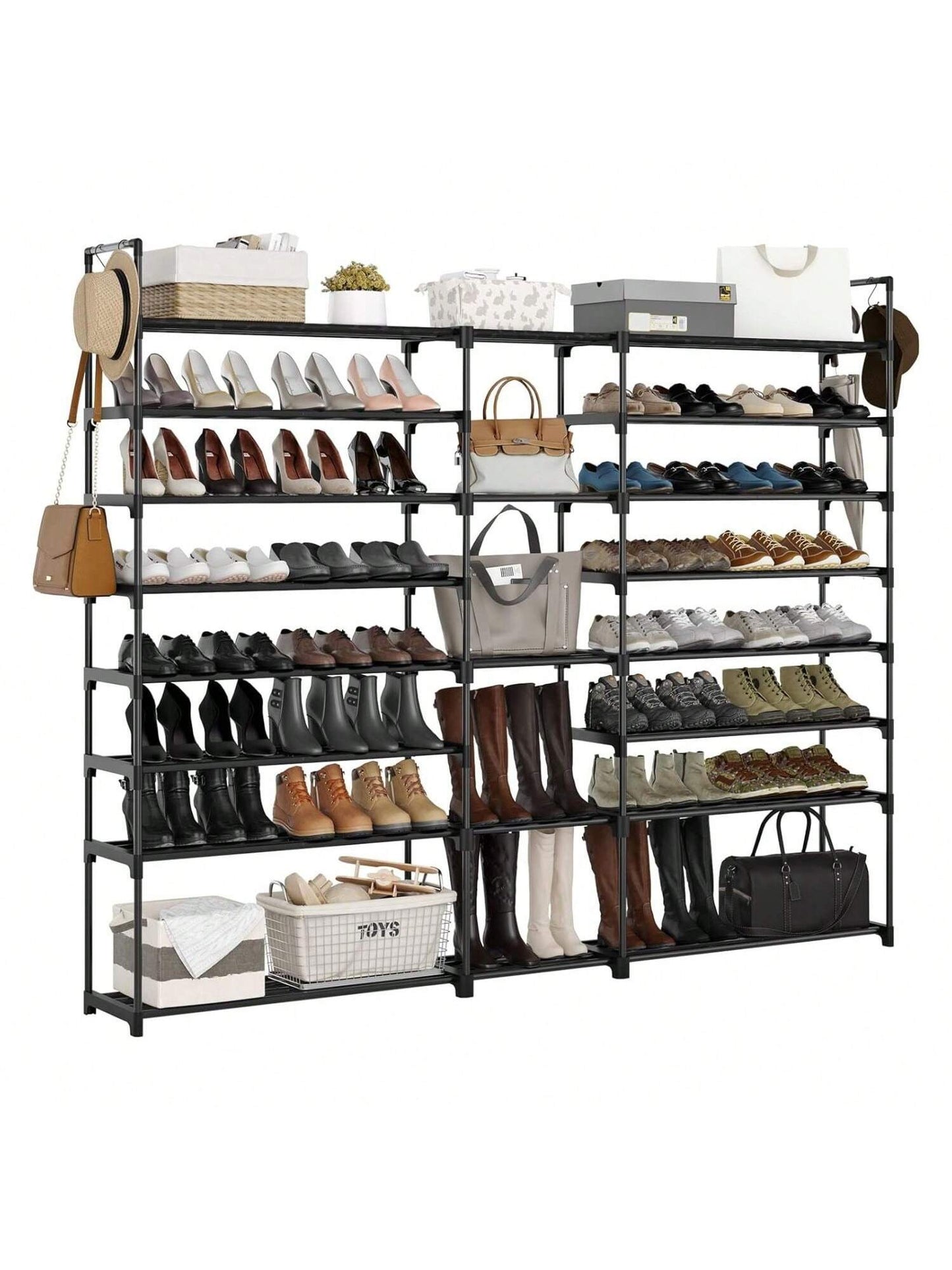 Homehours Extra Large Shoe Rack Organizer for Closet for Garage 72-76 Pairs Heavy Duty Stackable Shoe Rack Shelf Storage for Entryway with Bolt Expansion Plug Rubber Hammer Black Shoe Rack