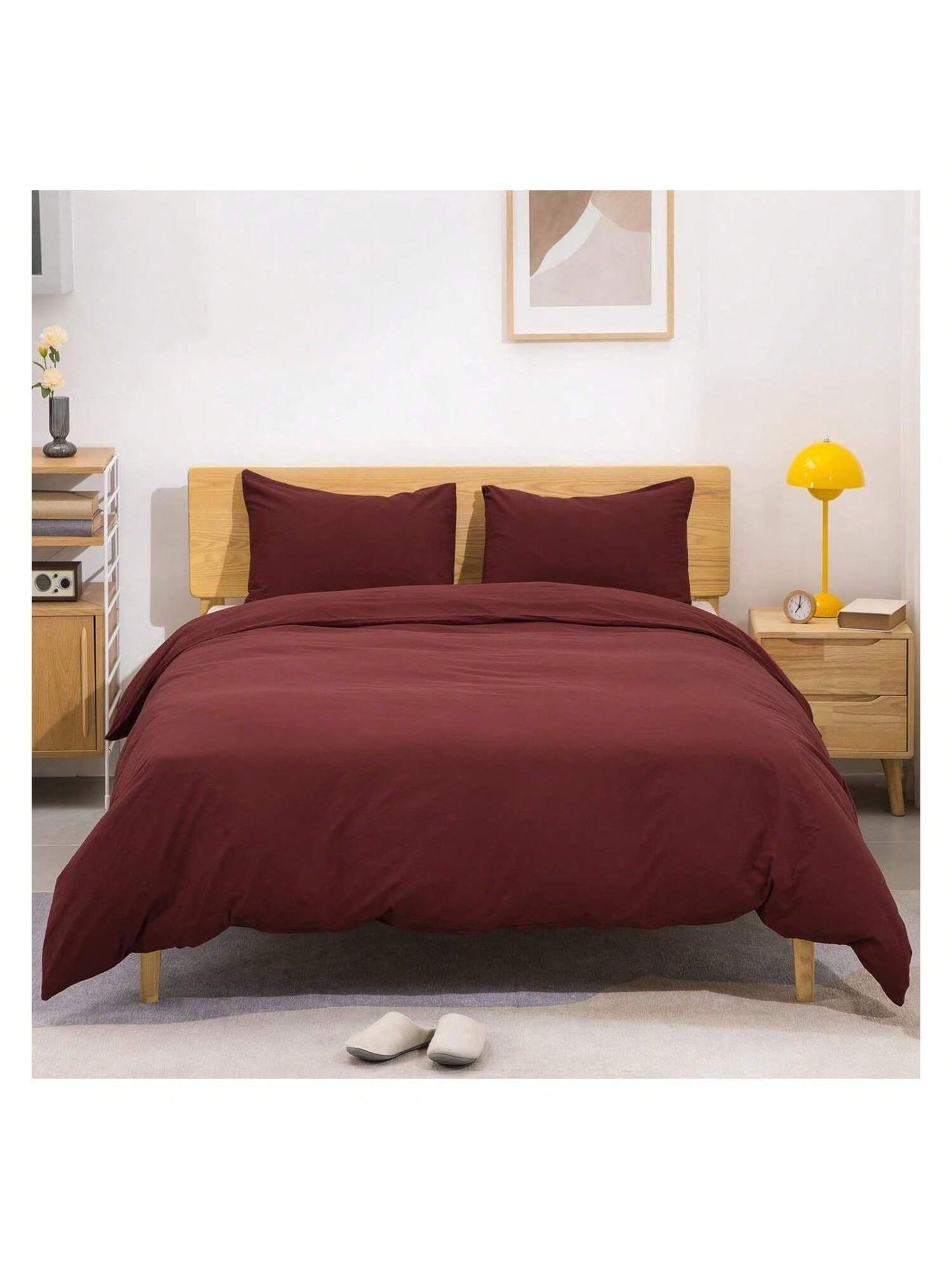 Homehours Duvet Cover King Size, 100% Washed Cotton Linen Feel Super Soft Comfortable, 3-Piece Burgundy Duvet Cover Bedding Set, Durable and Easy Care, Simple Style Farmhouse Comforter Cover