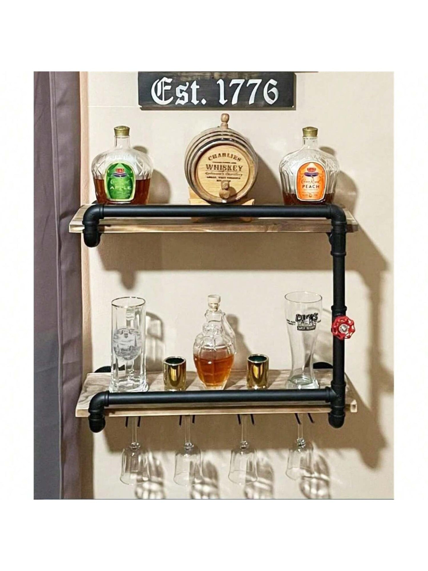 Industrial Wall Mounted Wine Racks with 4 Stem Glass Holder,24inch Rustic Metal Hanging Wine Holder Glass Rack,2-Tiers Floating Bar Shelves Bottle Holder Storage Shelves,Wood Shelves Wall Shelf