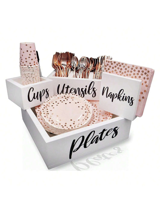 Homehours Kitchen Countertop Paper Plate Utensil Holder Caddy - Organizer for Plates, Cups, Cutlery and Napkins - Perfect for Parties, BBQs and Outdoor Gatherings - White Pine Wood