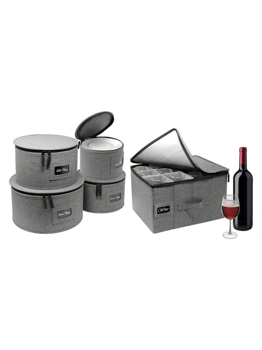 Homehours 4 Piece China Dinnerware Set and a Wine Glass Storage Box