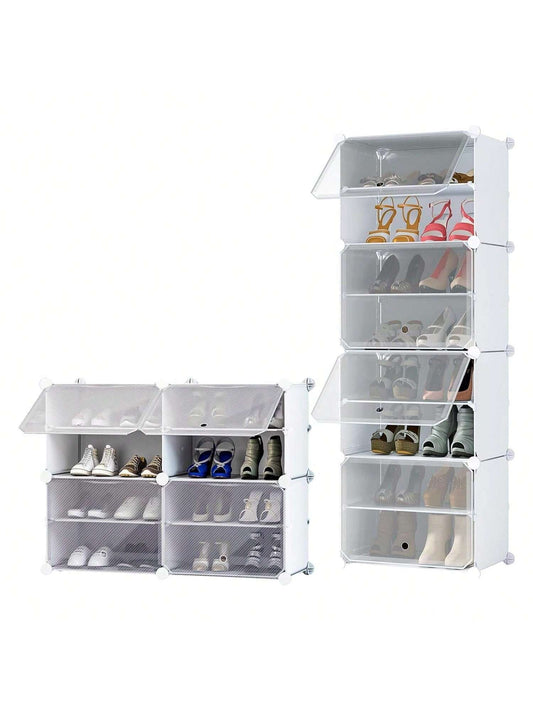 Homehours Shoe Rack, 4 Cubes x2 Storage Cabinet 32 Pairs Shoe Organizer with Doors, Plastic Shoe Storage Cabinet, White