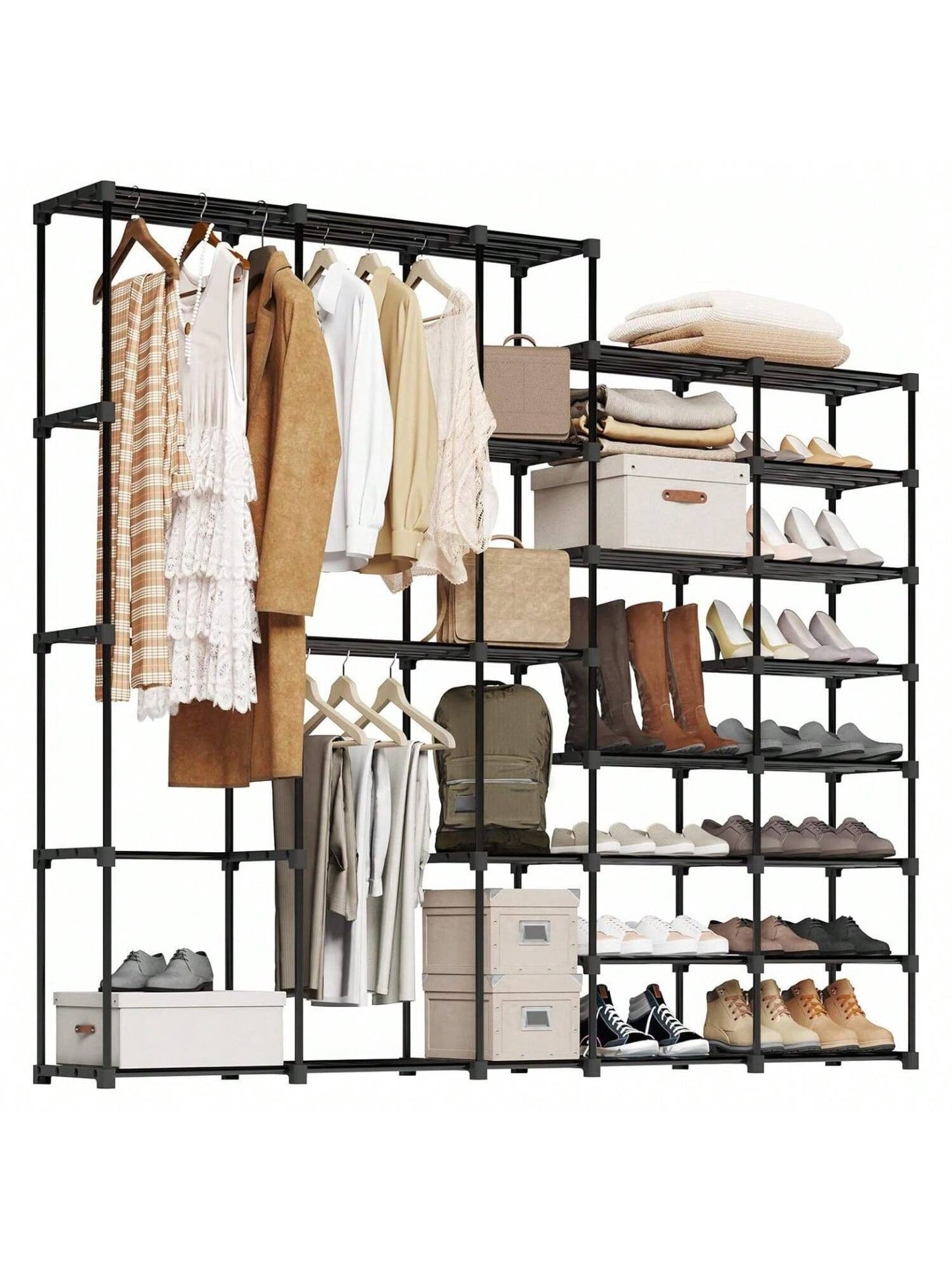 Homehours Portable Closet Wardrobe with Shoe Rack Freestanding Portable Closets Rack for Hanging Clothes 77.4x11.8x66 Inches for Bedroom Living Room with Plastic Connectors Rubber Hammer Black