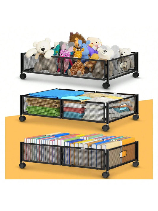 Homehours 3 Pack Under Bed Storage with Wheels, Underbed Storage Containers Tool-free Metal Foldable Rolling Under Drawers Organizer Cart with Handle for Clothes Towel Shoes Bag Toy Book