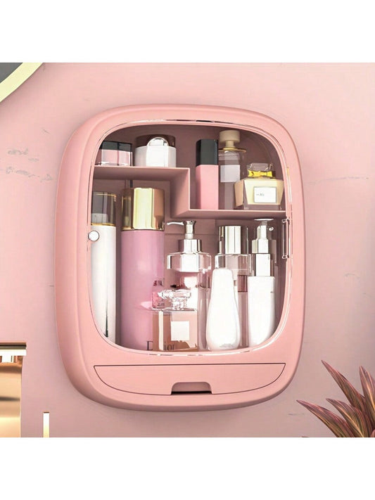 1pc Wall-mounted Cosmetics Storage Box, No Drilling Bathroom Cosmetics Storage With Transparent Cover & Drawer, Large Capacity Multifunctional Household Storage Box, Bathroom Accessories