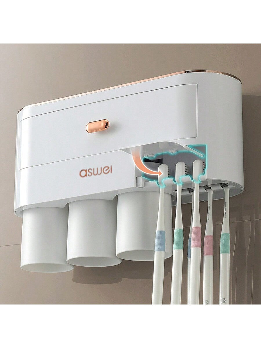 1 Pc No Punch No Trace Sticker Mouthwash Cup Shelf, Can Place Cosmetics, Comes With 3 Mouthwash Cups, Can Hang Cups Upside Down To Drain, Can Store Hanging Toothbrushes, Wall-Mounted Household Organizer For Home/Hotel/School, Etc White