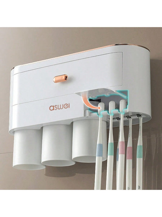 1 Pc No Punch No Trace Sticker Mouthwash Cup Shelf, Can Place Cosmetics, Comes With 3 Mouthwash Cups, Can Hang Cups Upside Down To Drain, Can Store Hanging Toothbrushes, Wall-Mounted Household Organizer For Home/Hotel/School, Etc White