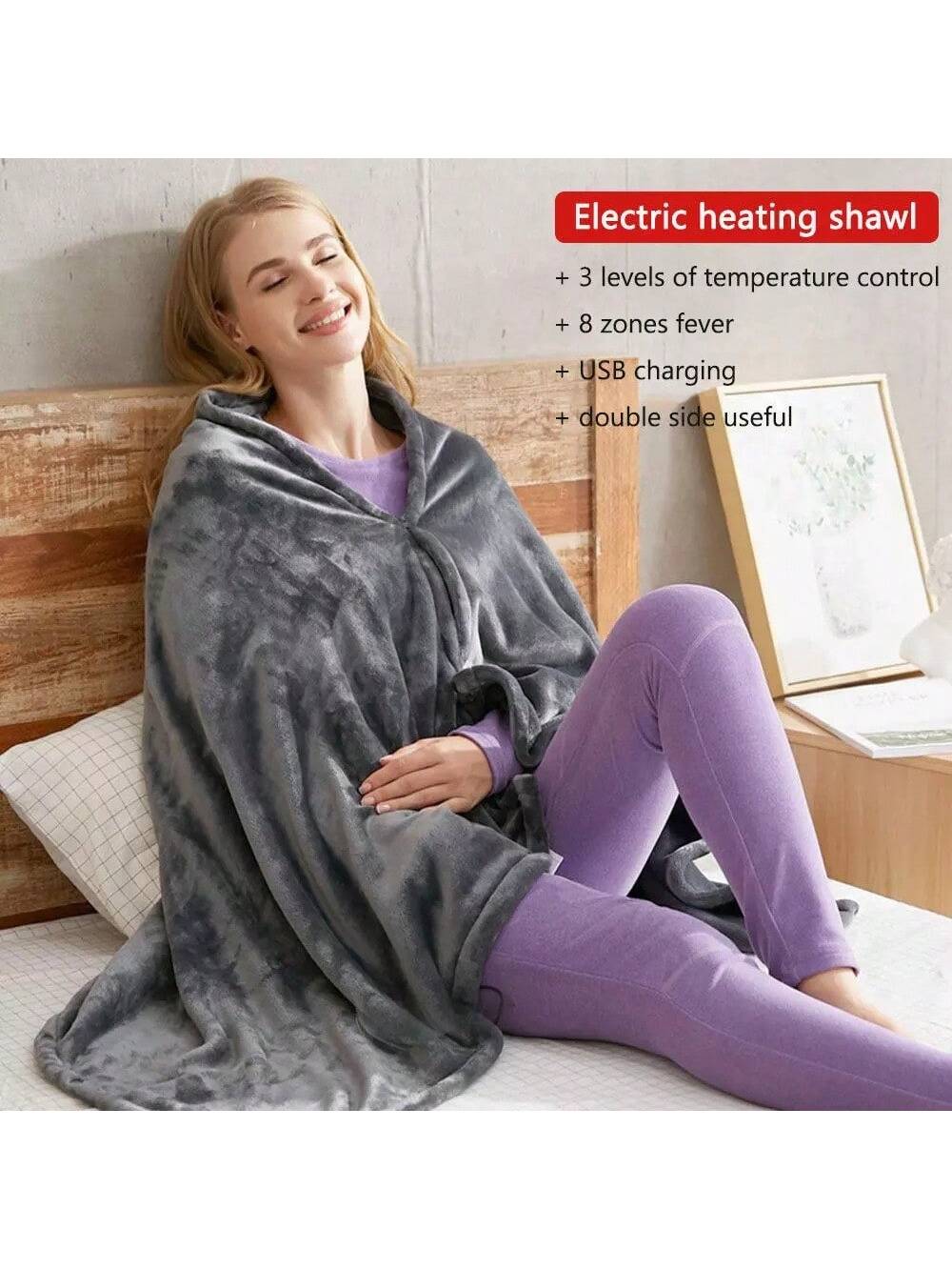 Electric Heated Blanket Charging Heating Winter Warmth Anti-Cold Hooded Cape Fleece Lined Thermal Heating Shawl