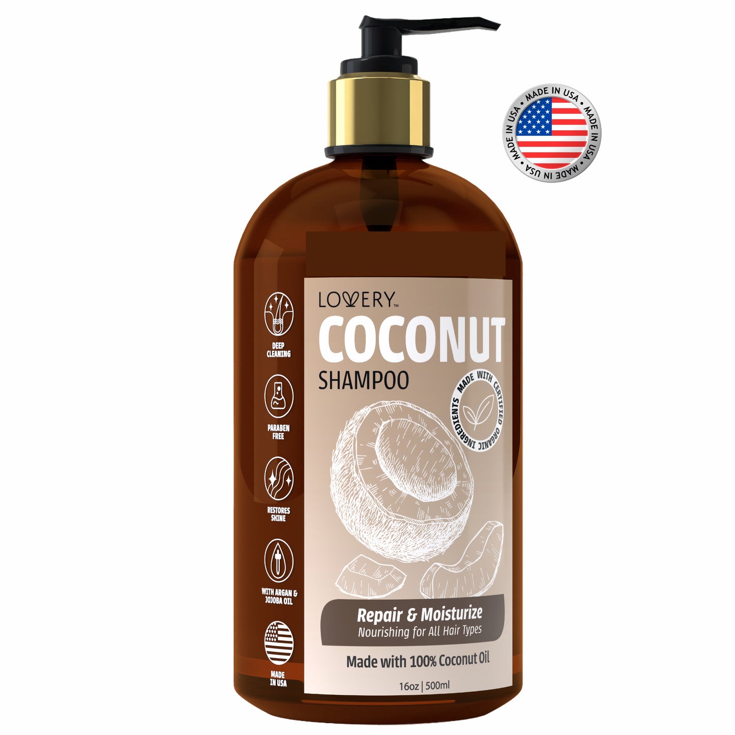Coconut Shampoo - 16oz Organic Hair Care Made in USA