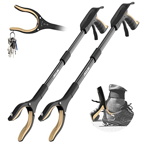 Jellas 2-Pack 32 Inch Grabber Reacher Tool with Magnetic Tip, Reacher Grabber with 360 Degrees Rotating Jaw, Grabber with Shoehorn for Elderly, Trash Picker Tool for Outdoor & Indoor (Gold)