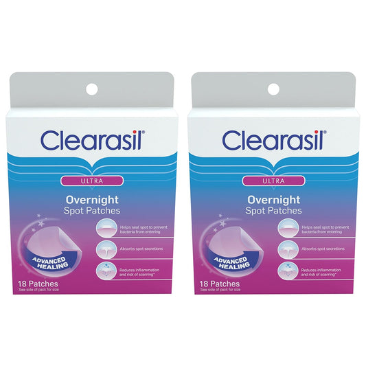 Clearasil Overnight Spot Patches, Advanced Healing Hydrocolloid Acne Pimple Treatment, Blemish Spot Stickers for Face, 18 Count (Pack of 2)