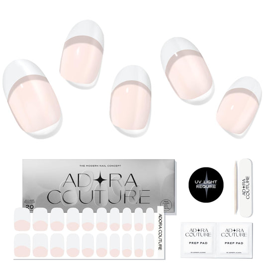 Adora Couture Semi Cured Nail Strips - 20pcs French Manicure with White Tips and Nude Base - Gel Nail Stickers with UV Light (Paris Love)