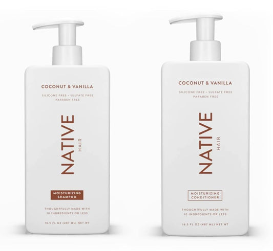 Native Shampoo and Conditioner Set | Sulfate Free, Paraben Free, Dye Free, with Naturally Derived Clean Ingredients| 16.5 oz (Coconut & Vanilla, Moisturizing), 2, 1.3 ounces