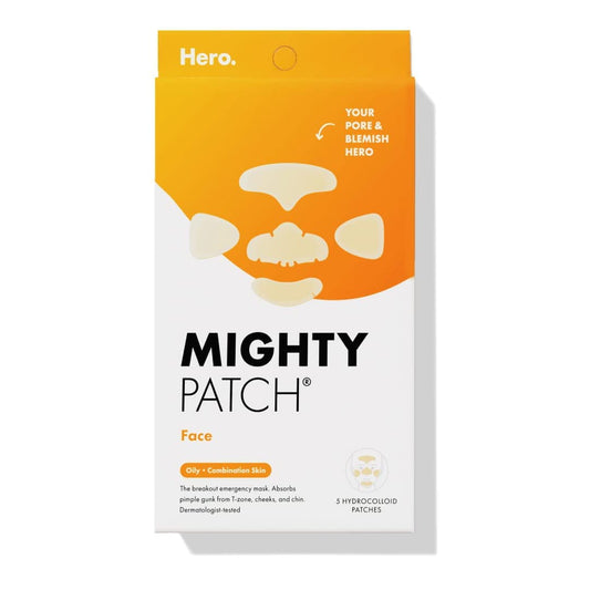Mighty Patchª Face patch from Hero Cosmetics - XL Hydrocolloid Face Mask for Acne, 5 Large Pimple Patches for Zit Breakouts on Nose, Chin, Forehead & Cheeks - Vegan-Friendly (1 Count)