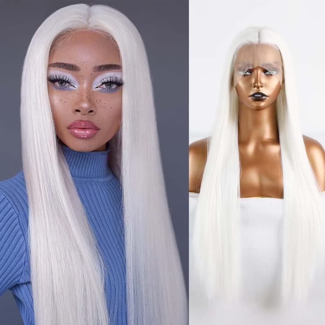 UNIQUEWIG 24" White Long Silky Straight Wigs Synthetic Lace Front Wigs with Middle Part High Temperature Heat Resistant Fiber Natural Hairline Cosplay Wigs Daily Use Wigs