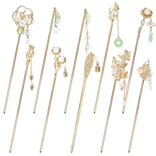 Cinaci 10 Pieces Decorative Vintage Retro Pearl Gold Metal Hair Sticks Pins with Pendants Chinese Hanfu Asian Flower Butterfly Hair Chopsticks Hair Bun Updo Holders Long Hairpins for Women Girls