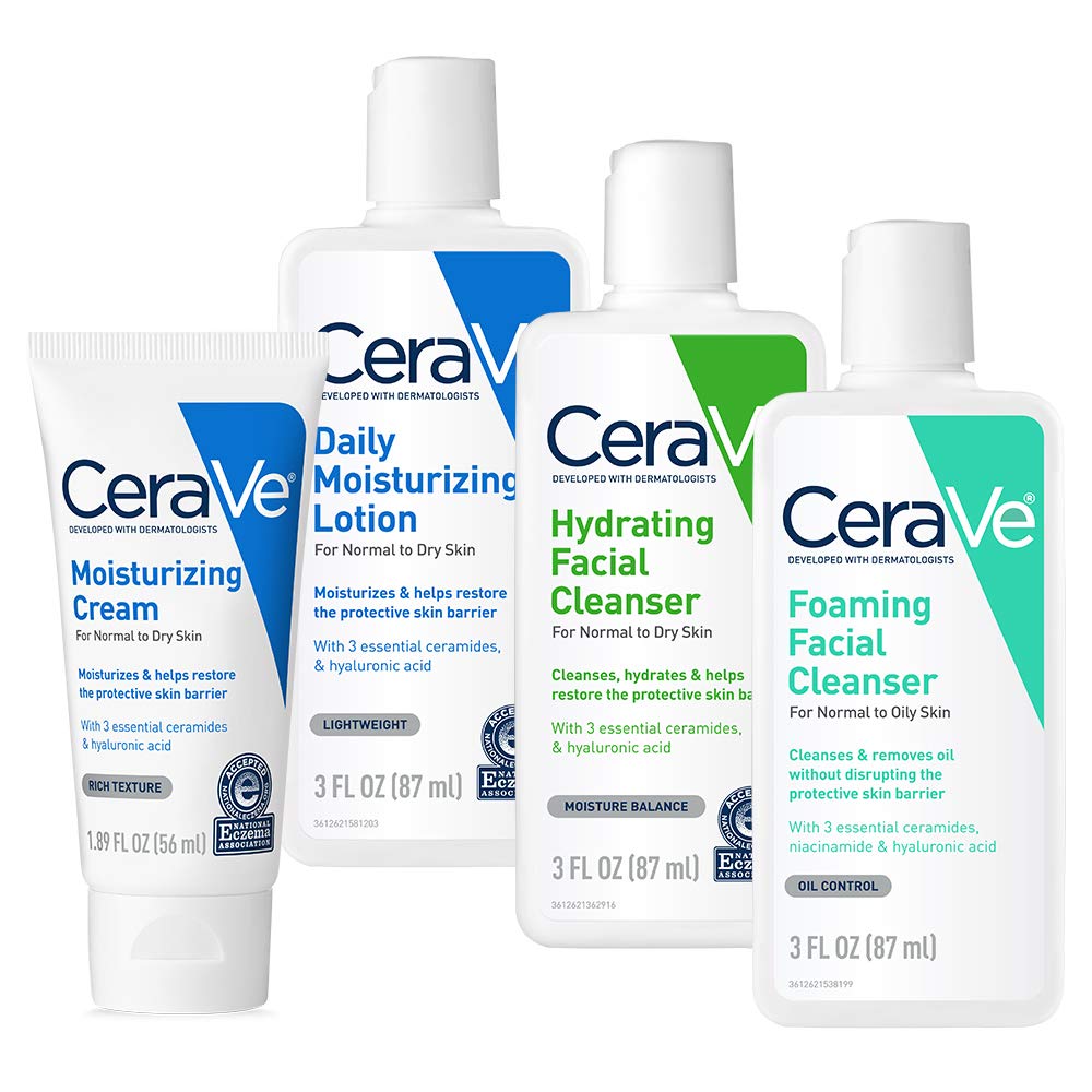 CeraVe Travel Size Toiletries Skin Care Set | Contains Moisturizing Cream, Lotion, Foaming Face Wash, and Hydrating Face Wash | Fragrance Free