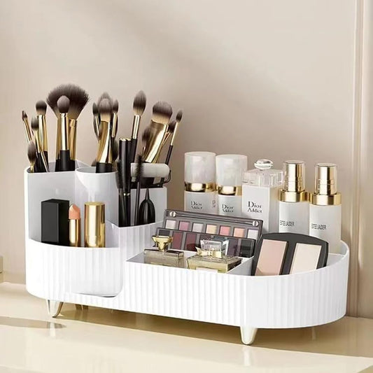 Bemgue Makeup Organizer for Vanity, 360¡ Rotating Countertop Makeup Organizer with Brush Holder, Large Capacity for Cosmetics, Skincare, Perfumes -White