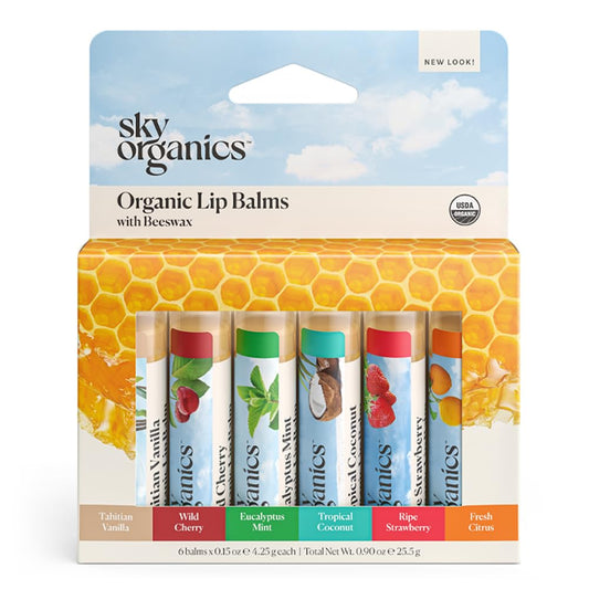 Sky Organics Organic Beeswax Lip Balms for Lips, USDA Certified Organic, Six Assorted Flavors to Moisturize, Soothe & Soften, 6pk.