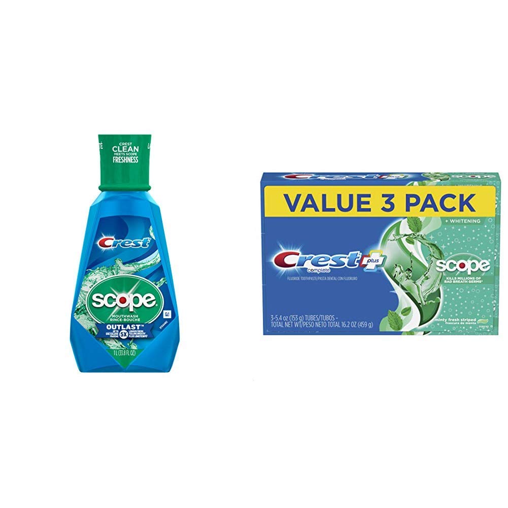 Crest Scope Outlast Mouthwash Long Lasting Peppermint with Crest Complete Whitening + Scope Toothpaste, Minty Fresh, 5.4 Ounce Triple Pack