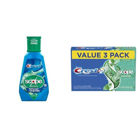 Crest Scope Outlast Mouthwash Long Lasting Peppermint with Crest Complete Whitening + Scope Toothpaste, Minty Fresh, 5.4 Ounce Triple Pack
